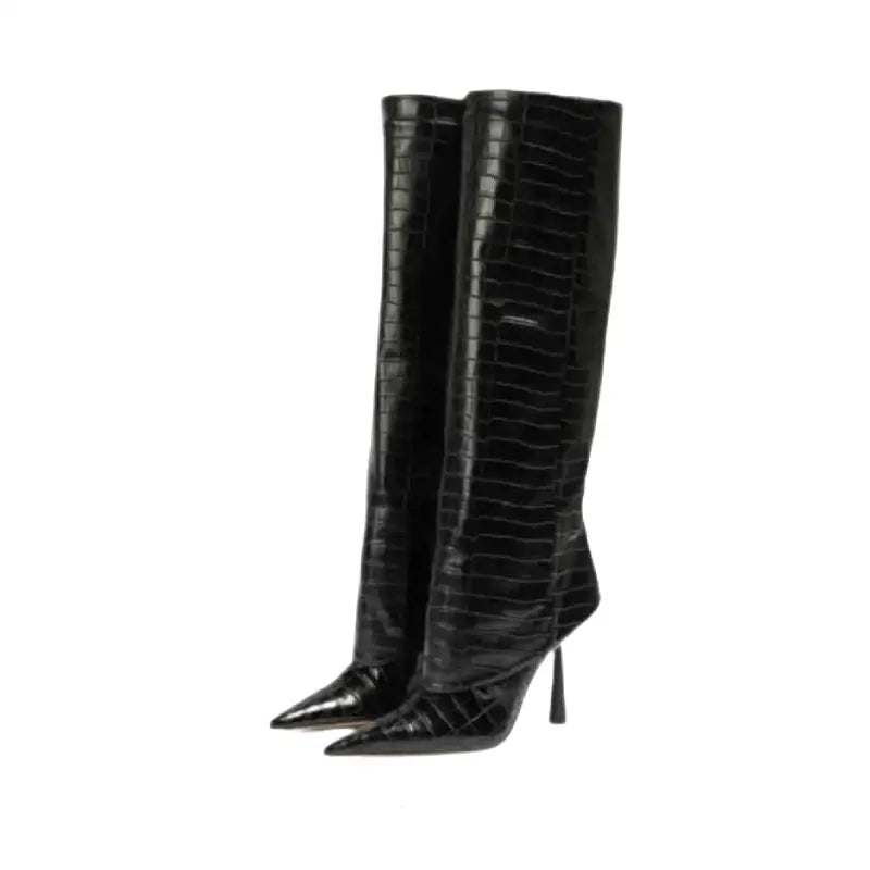 Patent Crocodile High Heel Knee Pointed Thin Boots - Black