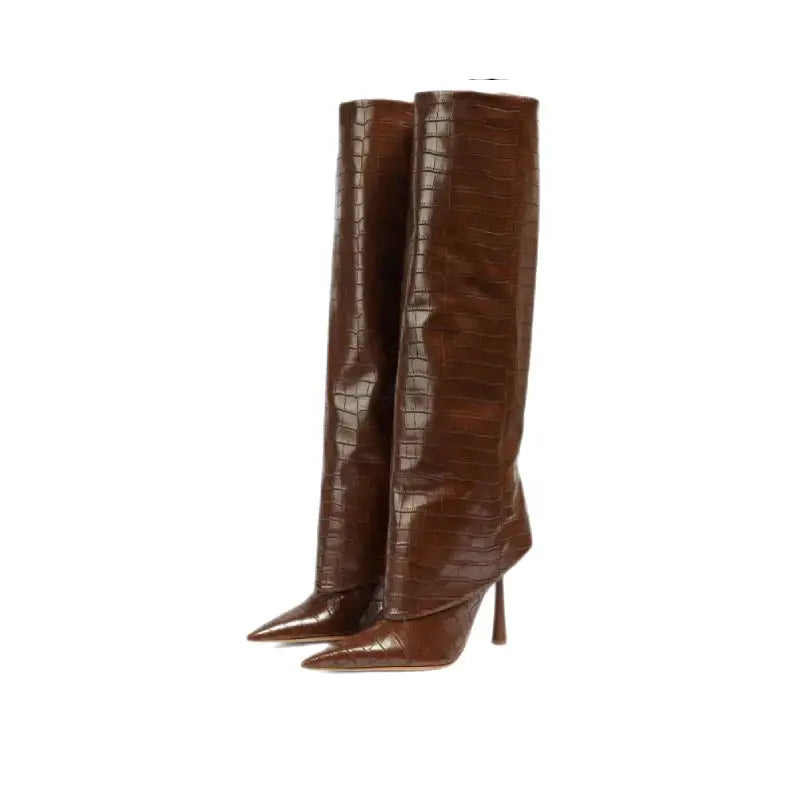 Patent Crocodile High Heel Knee Pointed Thin Boots - boots