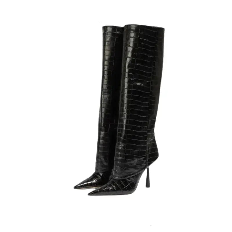 Patent Crocodile High Heel Knee Pointed Thin Boots