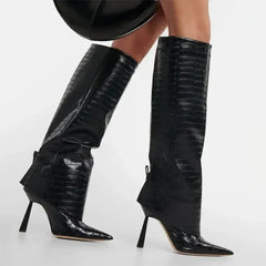 Patent Crocodile High Heel Knee Pointed Thin Boots - boots