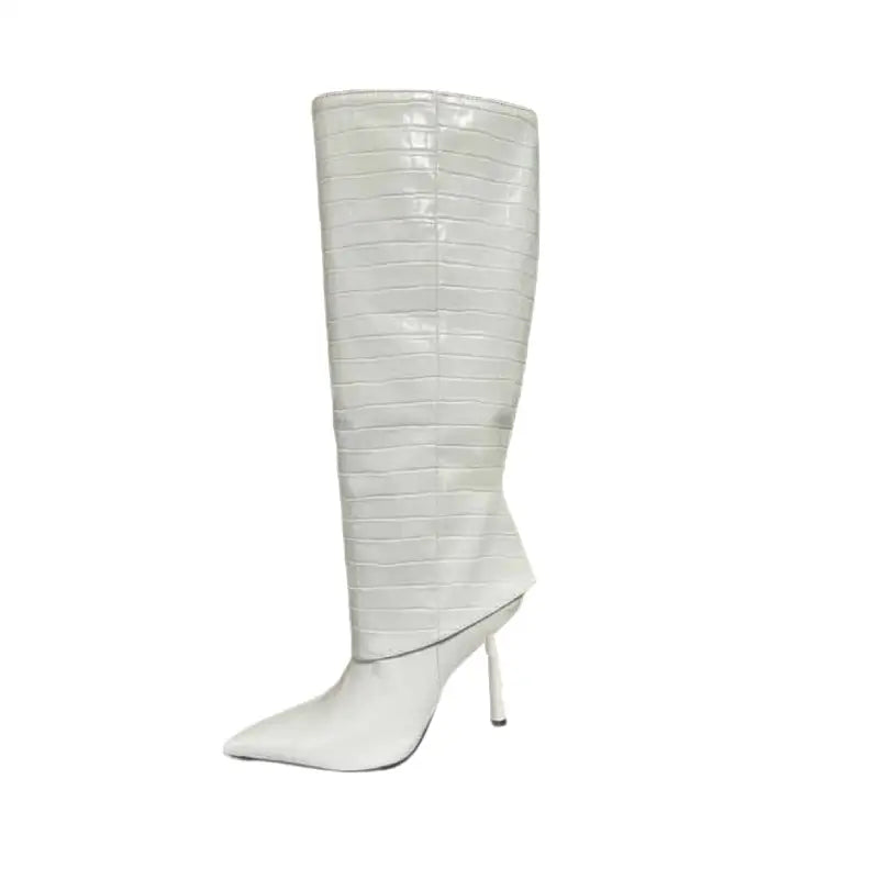 Patent Crocodile High Heel Knee Pointed Thin Boots - White