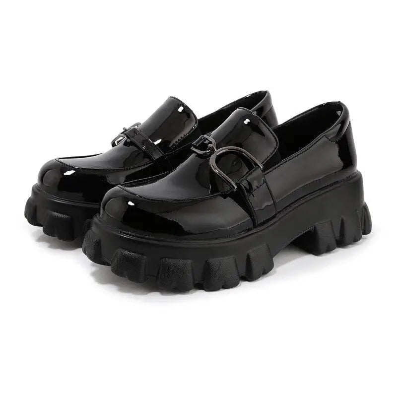 Patent Leather Chunky Platform Buckle Loafers Euro Size