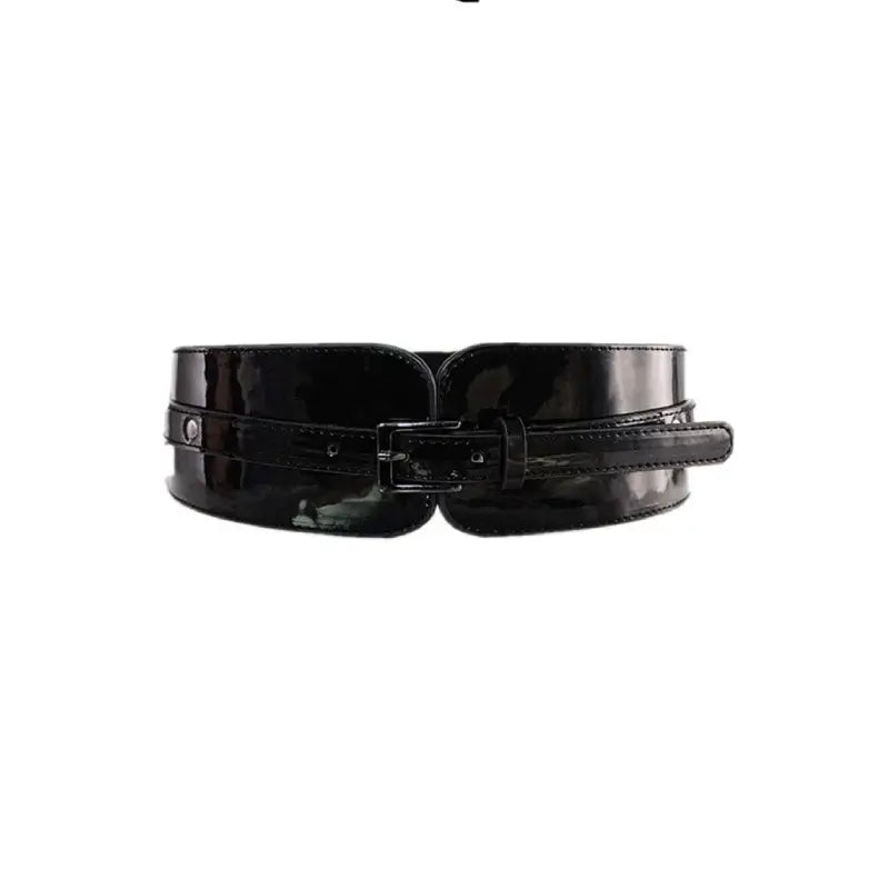 Patent PU Leather Wide Stretch Belt with Alloy Buckle Black