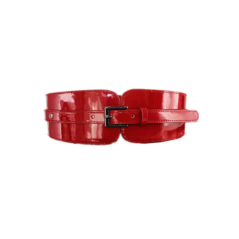 Patent PU Leather Wide Stretch Belt with Alloy Buckle Red