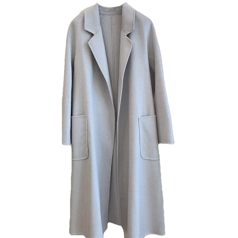 Turn Down Collar Trench Long Wool Coat - Light Grey / S
