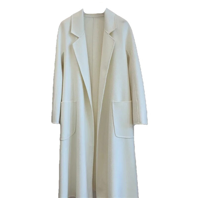 Turn Down Collar Trench Long Wool Coat - White / S