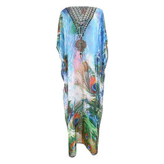 Peacock Feather Print Chiffon Dress