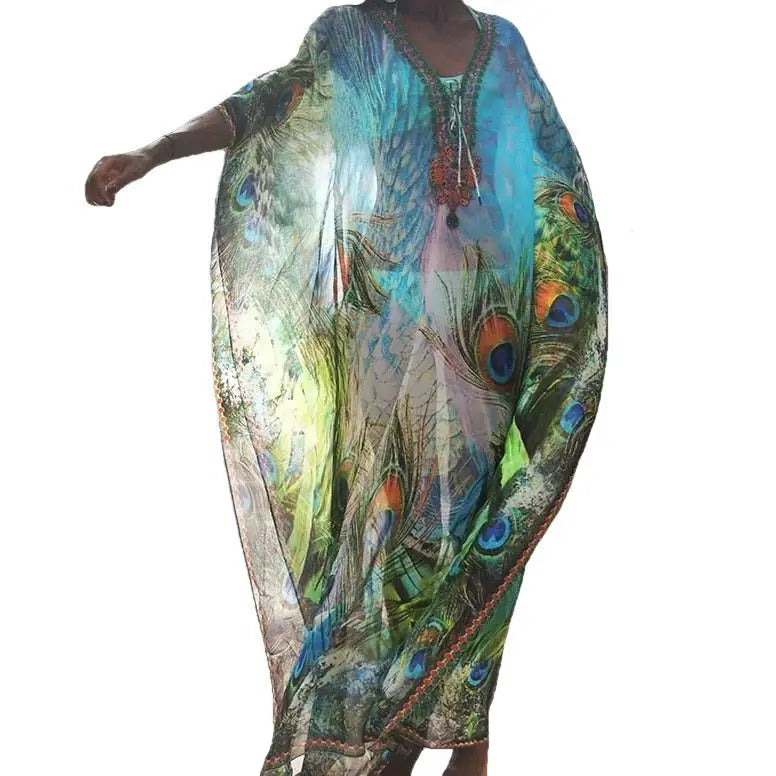Peacock Feather Print Loose Bohemian Dress - One Size