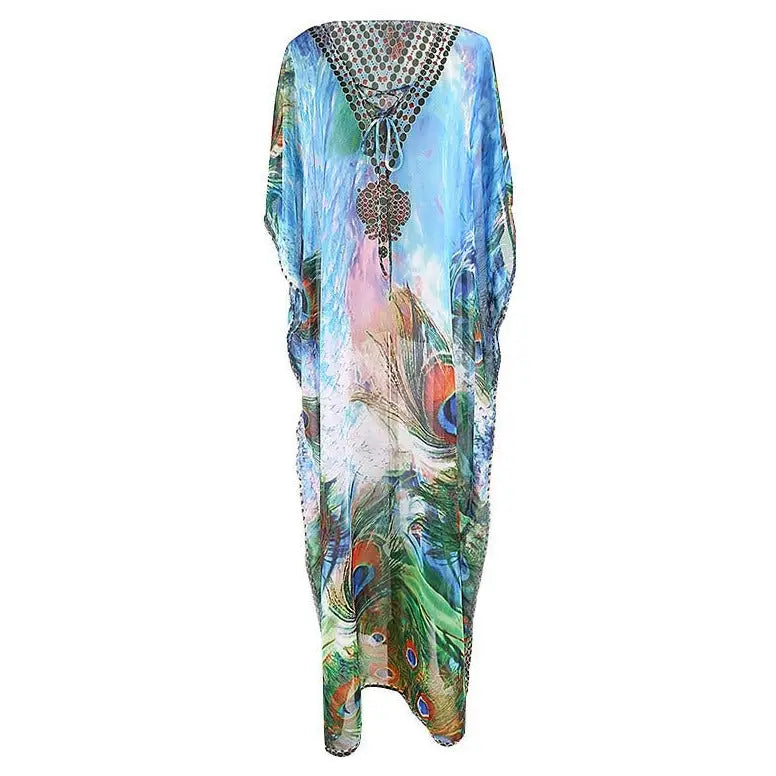 Peacock Feather Print Loose Bohemian Dress