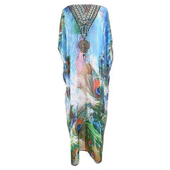 Peacock Feather Print Loose Bohemian Dress - One Size