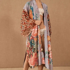 Peacock Printed Cover Up Wrap Dress with Self Belt