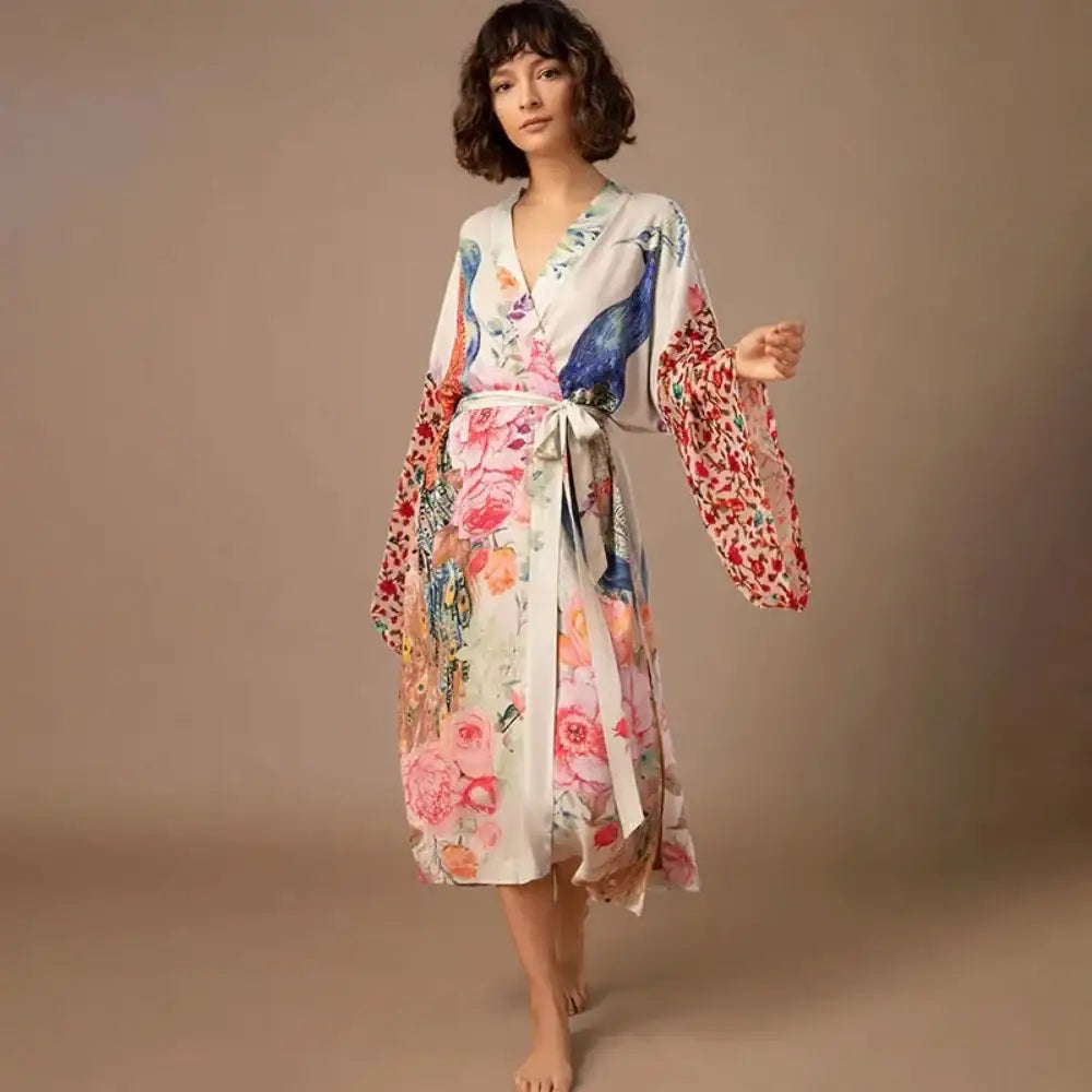 Peacock Printed Cover Up Wrap Dress with Self Belt