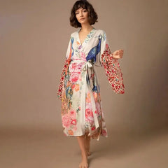 Peacock Printed Cover Up Wrap Dress with Self Belt