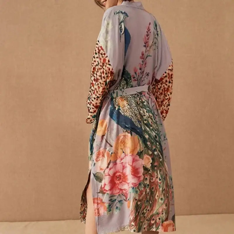 Peacock Printed Cover Up Wrap Dress with Self Belt