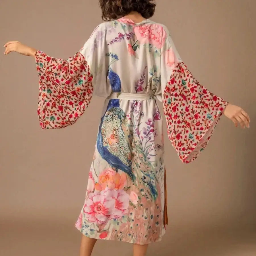 Peacock Printed Cover Up Wrap Dress with Self Belt