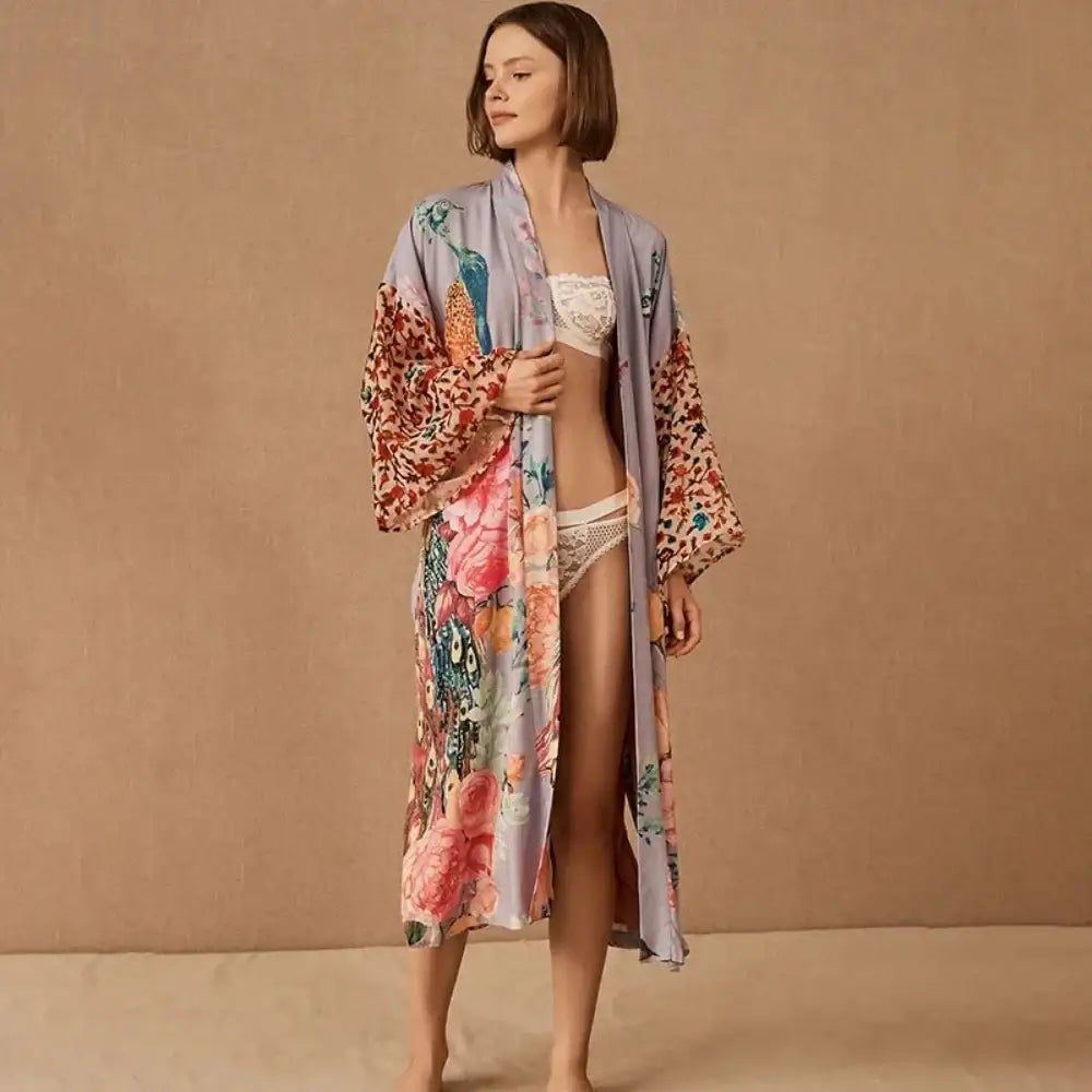 Peacock Printed Cover Up Wrap Dress with Self Belt