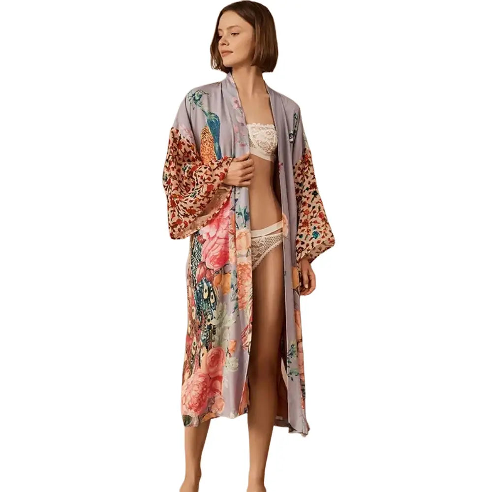 Peacock Printed Cover Up Wrap Dress with Self Belt Blue
