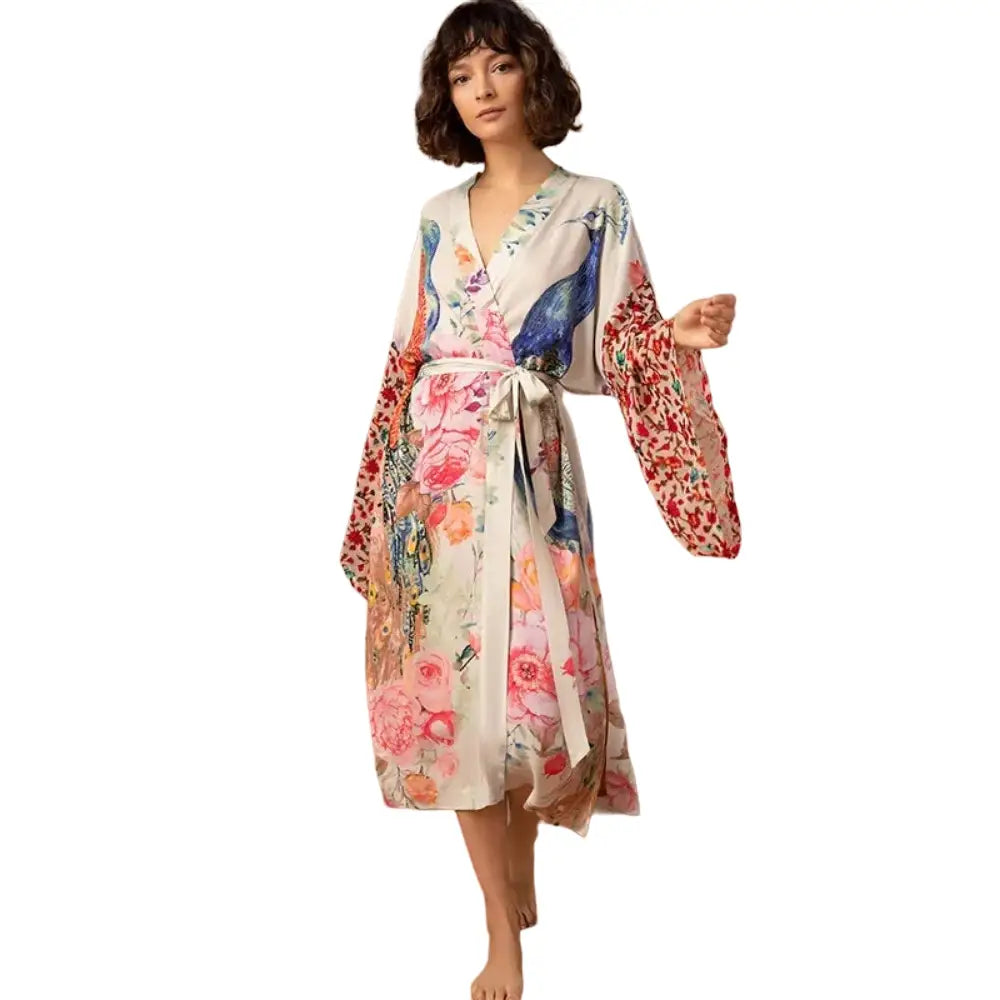 Peacock Printed Cover Up Wrap Dress with Self Belt White