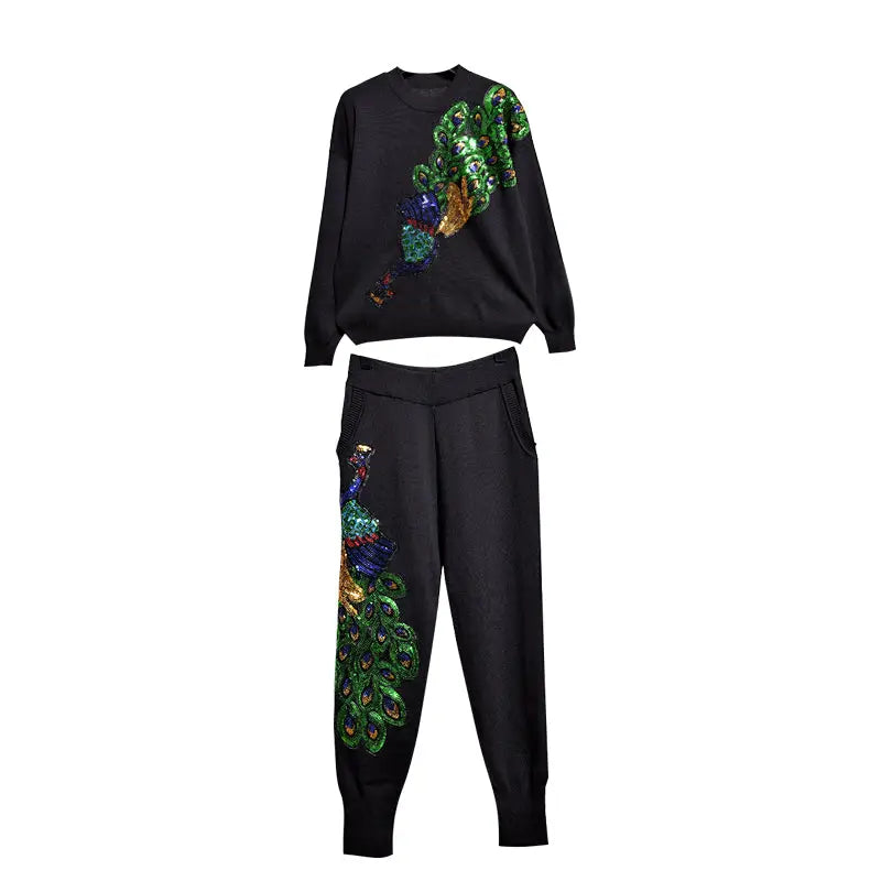 Peacock Sweater Trousers Set with Sequins