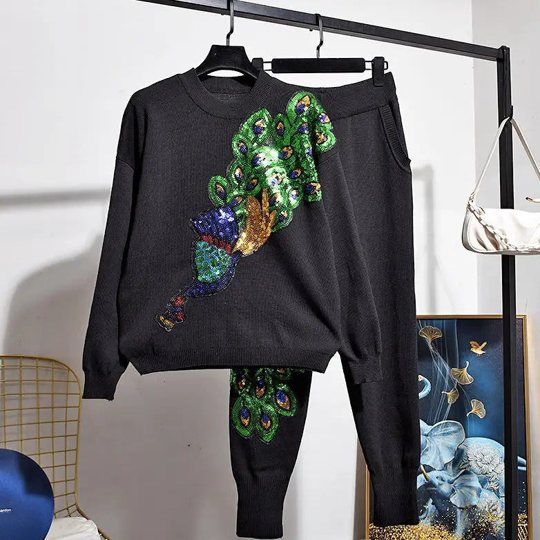 Peacock Sweater Trousers with Sequins 2 Set - Black / XL