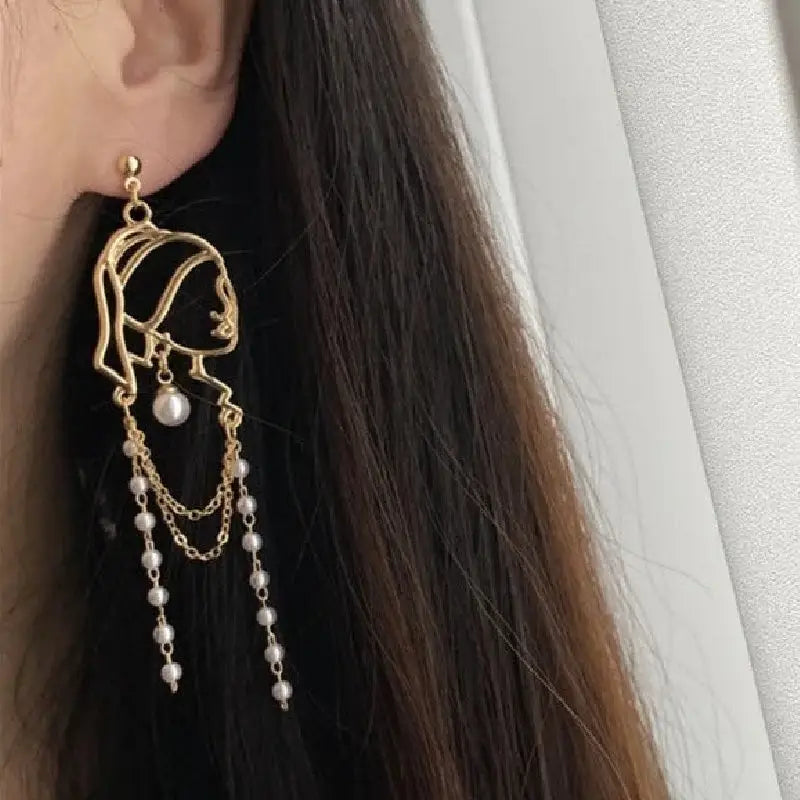 Pearl Long Tassel Abstract Lines Girl Portrait Earrings