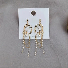 Pearl Long Tassel Abstract Lines Girl Portrait Earrings