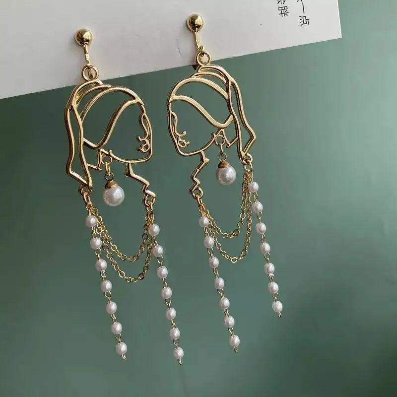 Pearl Long Tassel Abstract Lines Girl Portrait Earrings