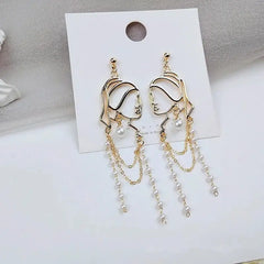 Pearl Long Tassel Abstract Lines Girl Portrait Earrings