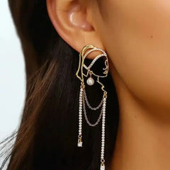 Pearl Long Tassel Abstract Lines Girl Portrait Earrings