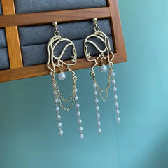 Pearl Long Tassel Abstract Lines Girl Portrait Earrings