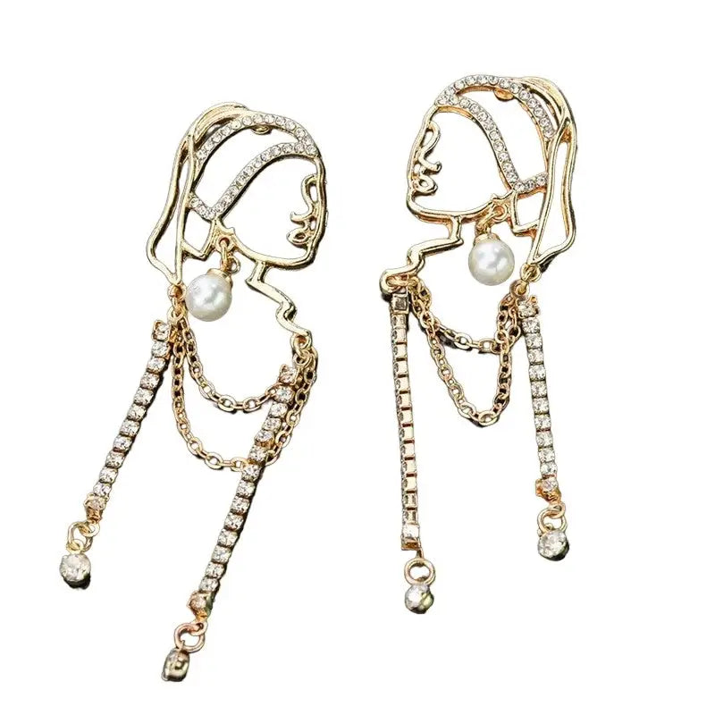 Pearl Long Tassel Abstract Lines Girl Portrait Earrings