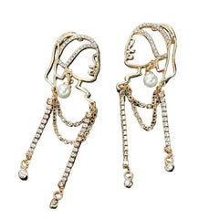 Pearl Long Tassel Abstract Lines Girl Portrait Earrings