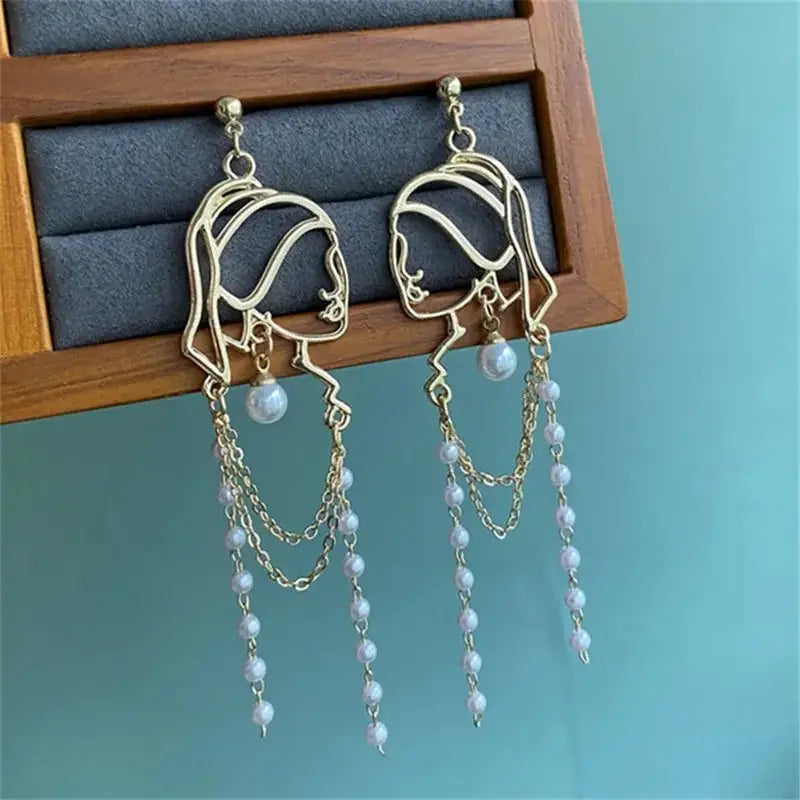 Pearl Long Tassel Abstract Lines Girl Portrait Earrings