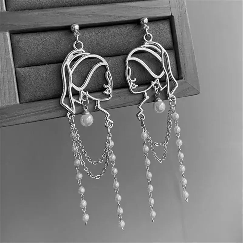 Pearl Long Tassel Abstract Lines Girl Portrait Earrings