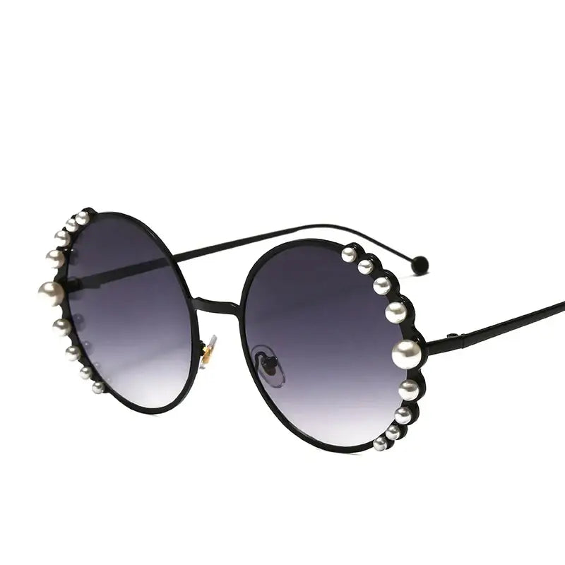 Pearl Metal Frame Round Sunglasses - Black Gray