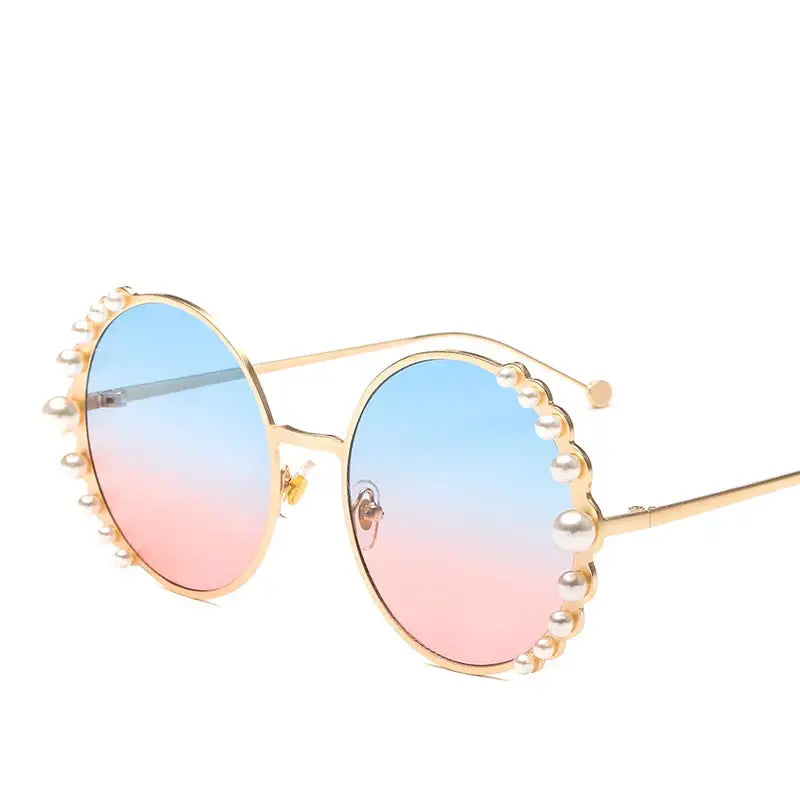 Pearl Metal Frame Round Sunglasses - Blue Pink
