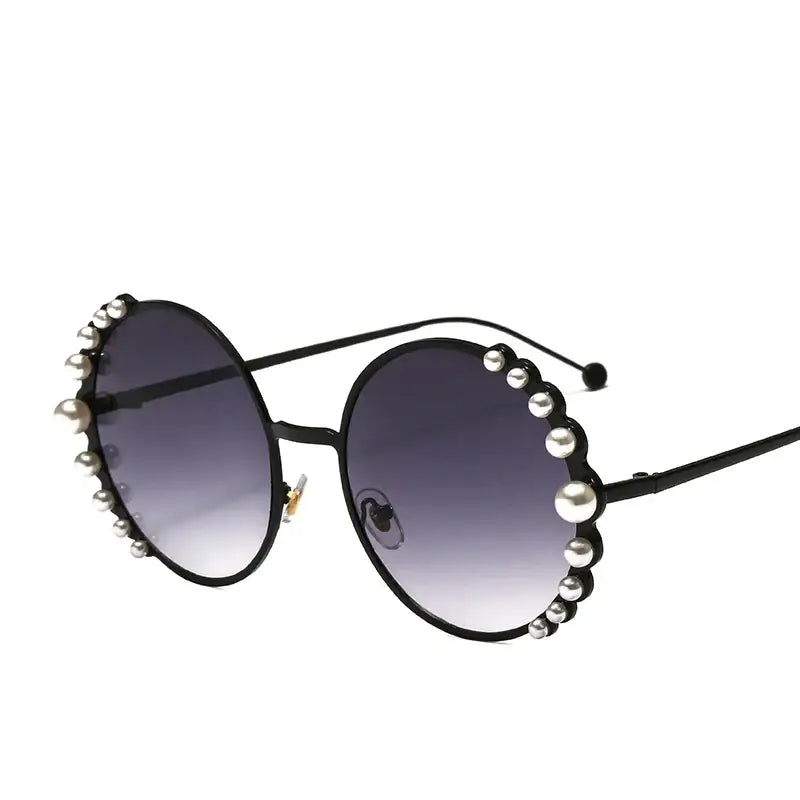 Pearl Metal Frame Round Sunglasses for Women Black Gray