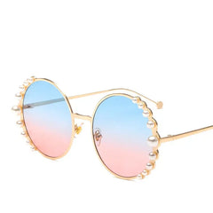 Pearl Metal Frame Round Sunglasses for Women Blue Pink