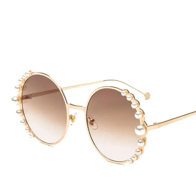Pearl Metal Frame Round Sunglasses for Women Brown Gold