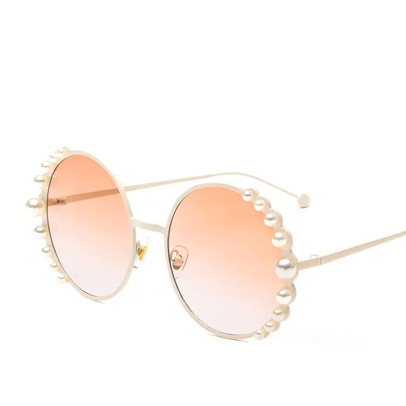 Pearl Metal Frame Round Sunglasses for Women Champagne