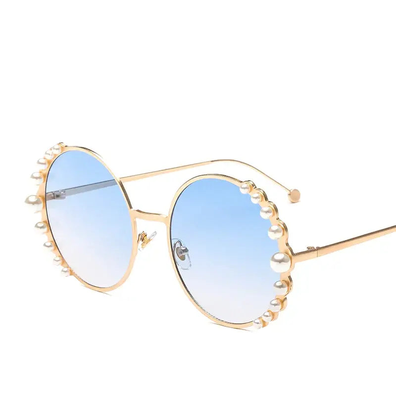 Pearl Metal Frame Round Sunglasses for Women Gold Blue