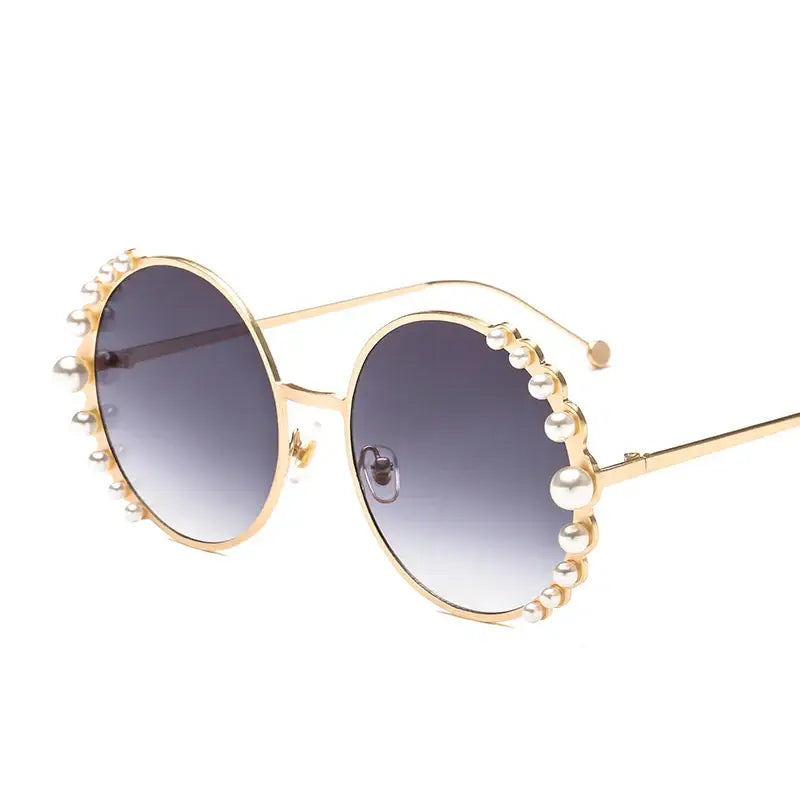 Pearl Metal Frame Round Sunglasses for Women Gold Gray
