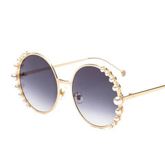 Pearl Metal Frame Round Sunglasses for Women Gold Gray