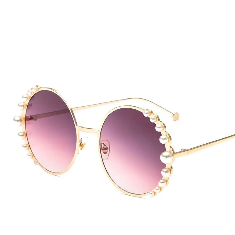 Pearl Metal Frame Round Sunglasses for Women Gold Purple