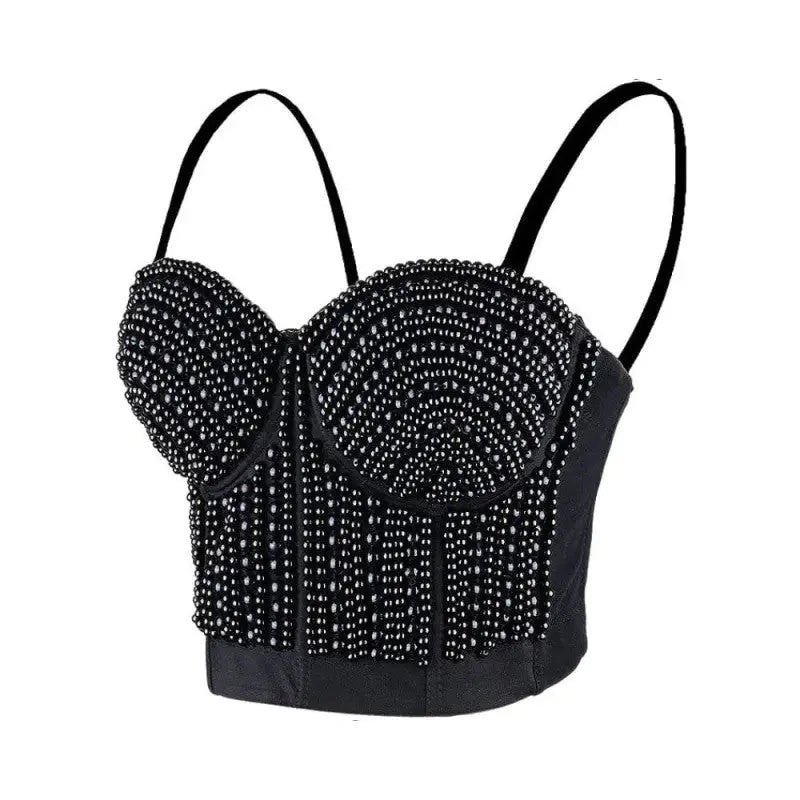 Pearls Beaded Push Up V Neck Crop Top Corset