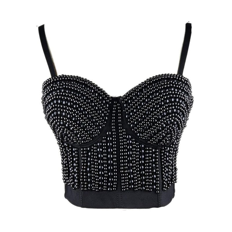 Pearls Beaded Push Up V Neck Crop Top Corset