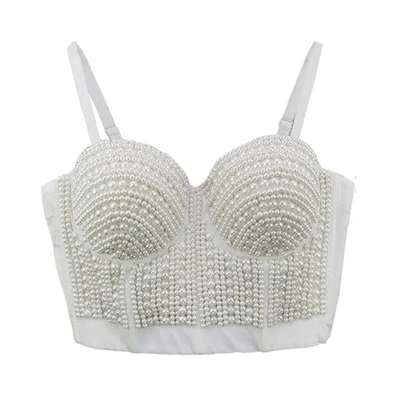 Pearls Beaded Push Up V Neck Crop Top Corset - White / S