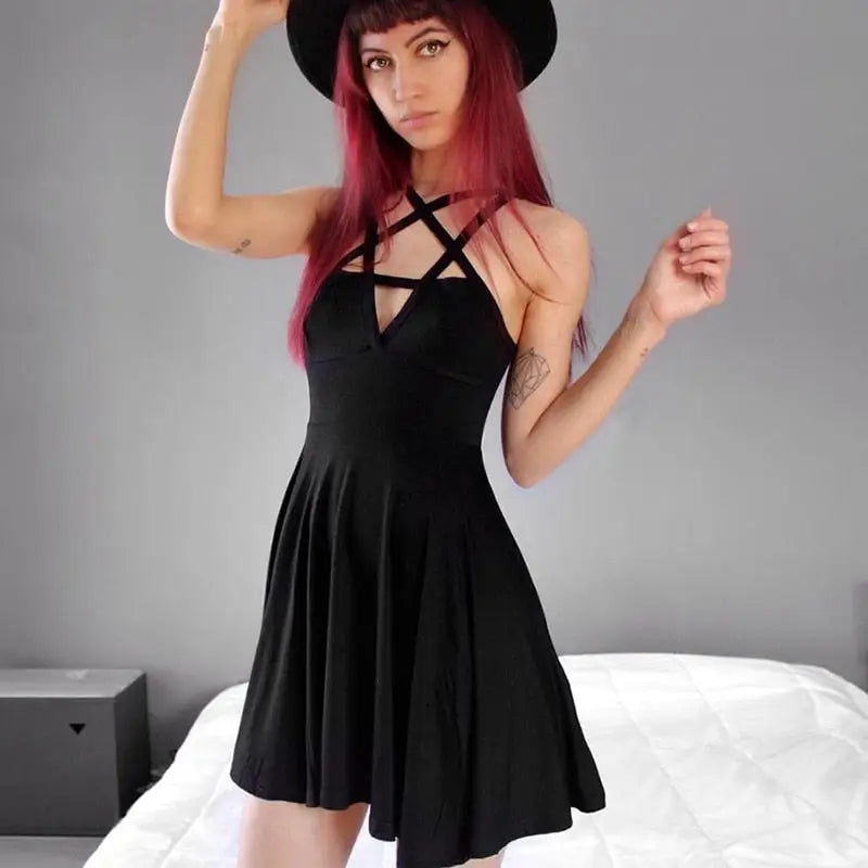 Pentagram Strap Gothic Dress Women Sleeveless Black Outfit