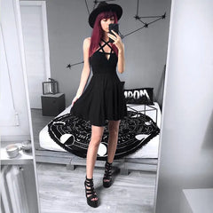 Pentagram Strap Gothic Dress Women Sleeveless Black Outfit