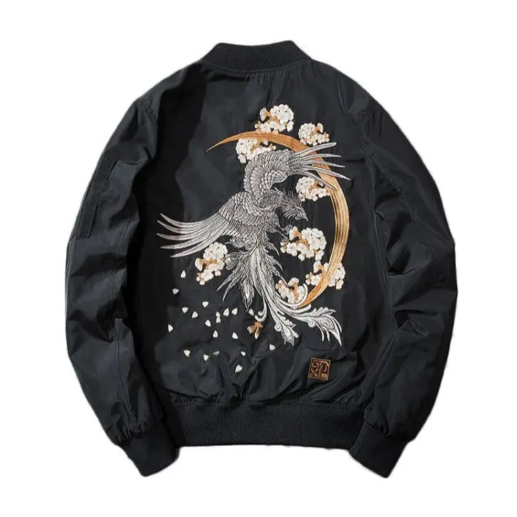 Phoenix and Cherry Blossoms Embroidered Bomber Jacket